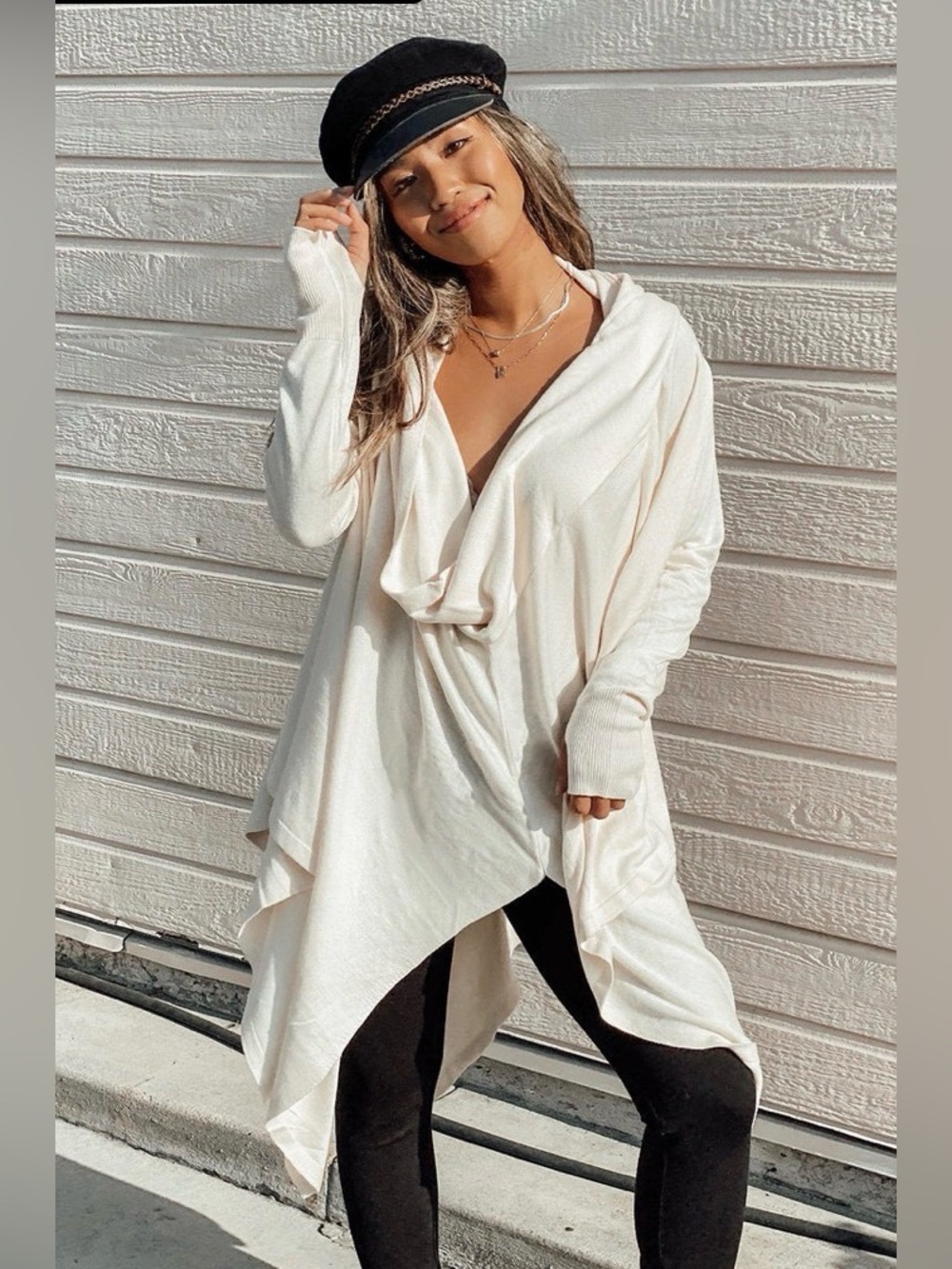 lovestitch Cream Draped Hooded Sweater Poncho